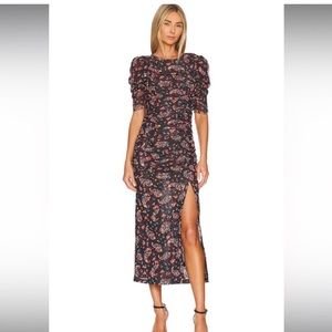 Free People Black Floral Ruched Midi Dress with Side Slit